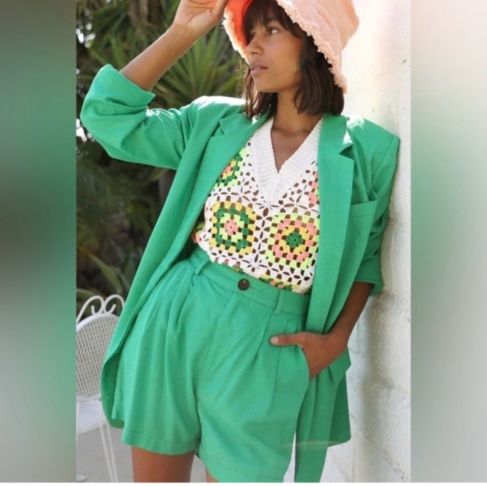 Green Blazer & High-Waist Shorts Suit